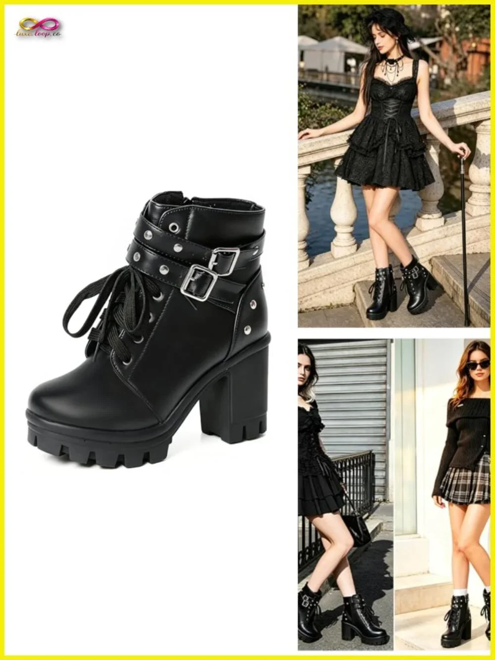 Chunky Heel Ankle Combat Booties with Buckle Rivets Zipper Platform Block Heel